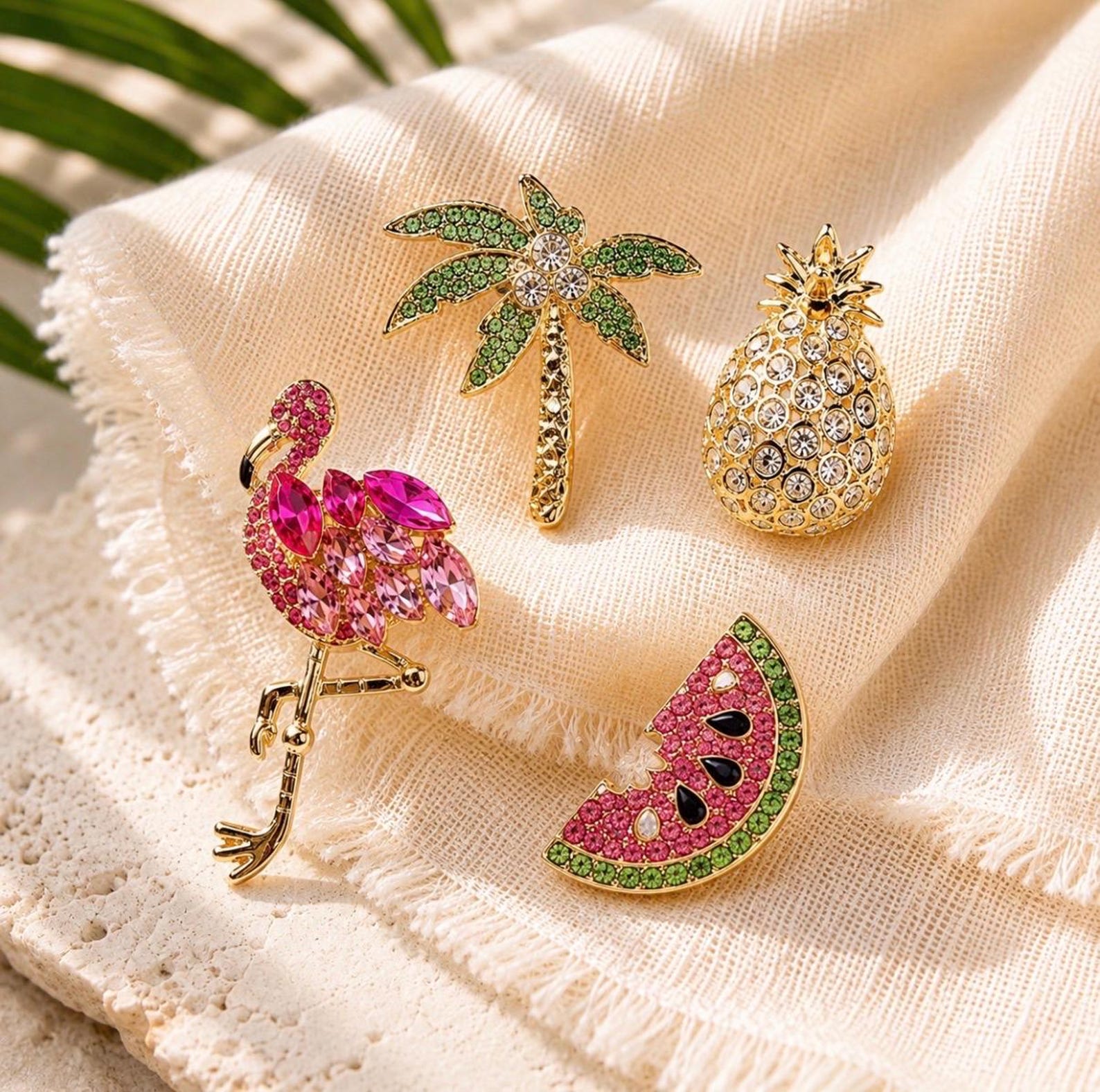 Tropical Brooch Pin – Pineapple, Flamingo, Palm Tree & Watermelon Crystal Enamel Pin