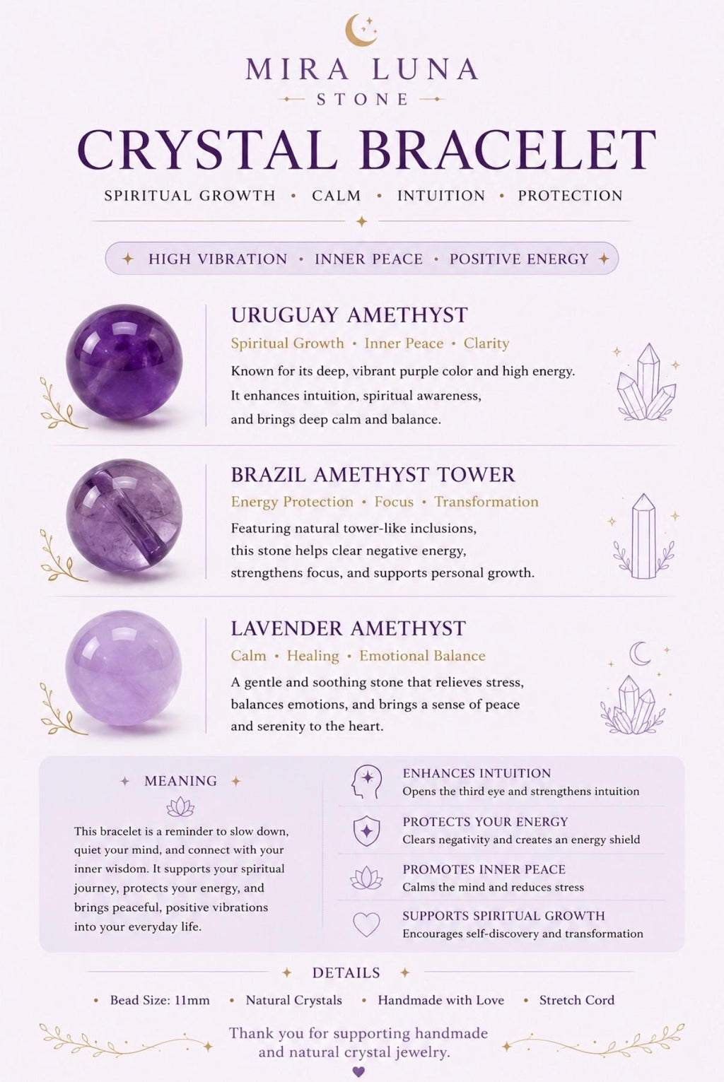 Natural Amethyst Crystal Bracelet | Uruguay, Brazilian, Lavender Amethyst Beads | February Birthstone, Peace & Clarity Gift