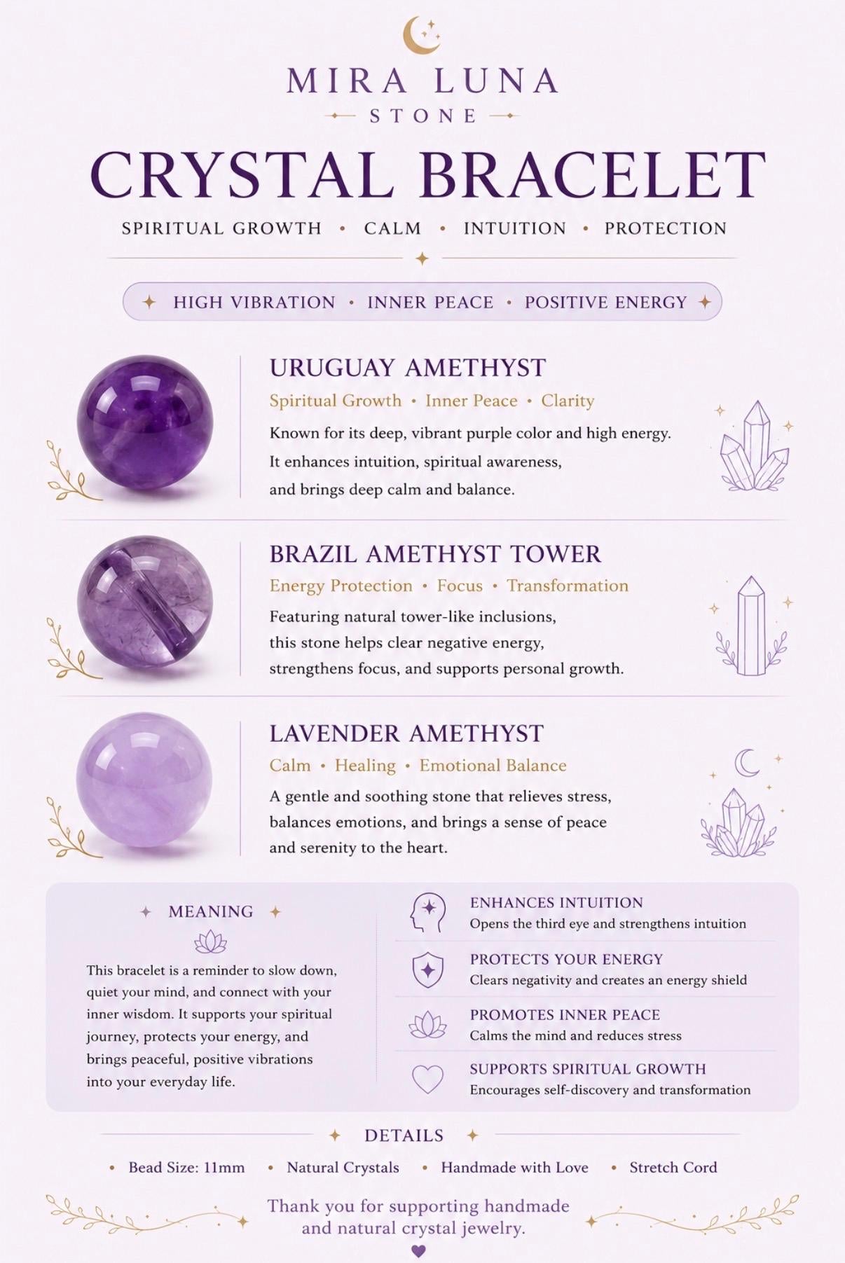 Natural Amethyst Crystal Bracelet | Uruguay, Brazilian, Lavender Amethyst Beads | February Birthstone, Peace & Clarity Gift