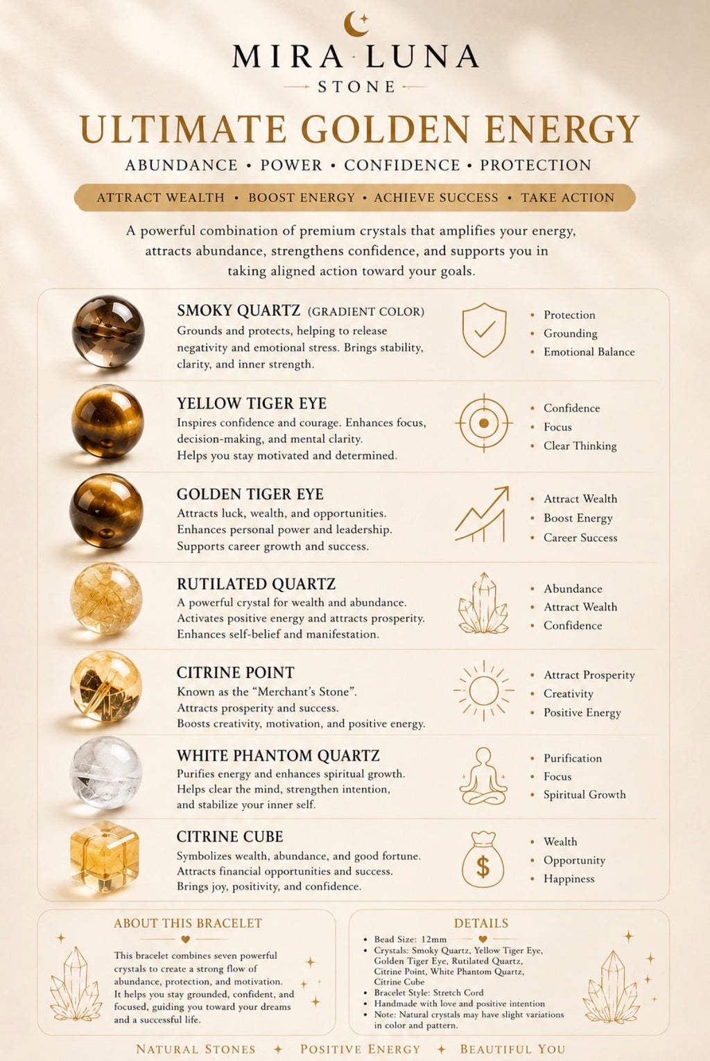 Golden Energy Bracelet | Citrine, Tiger Eye, Smoky Quartz, Rutilated, White Phantom