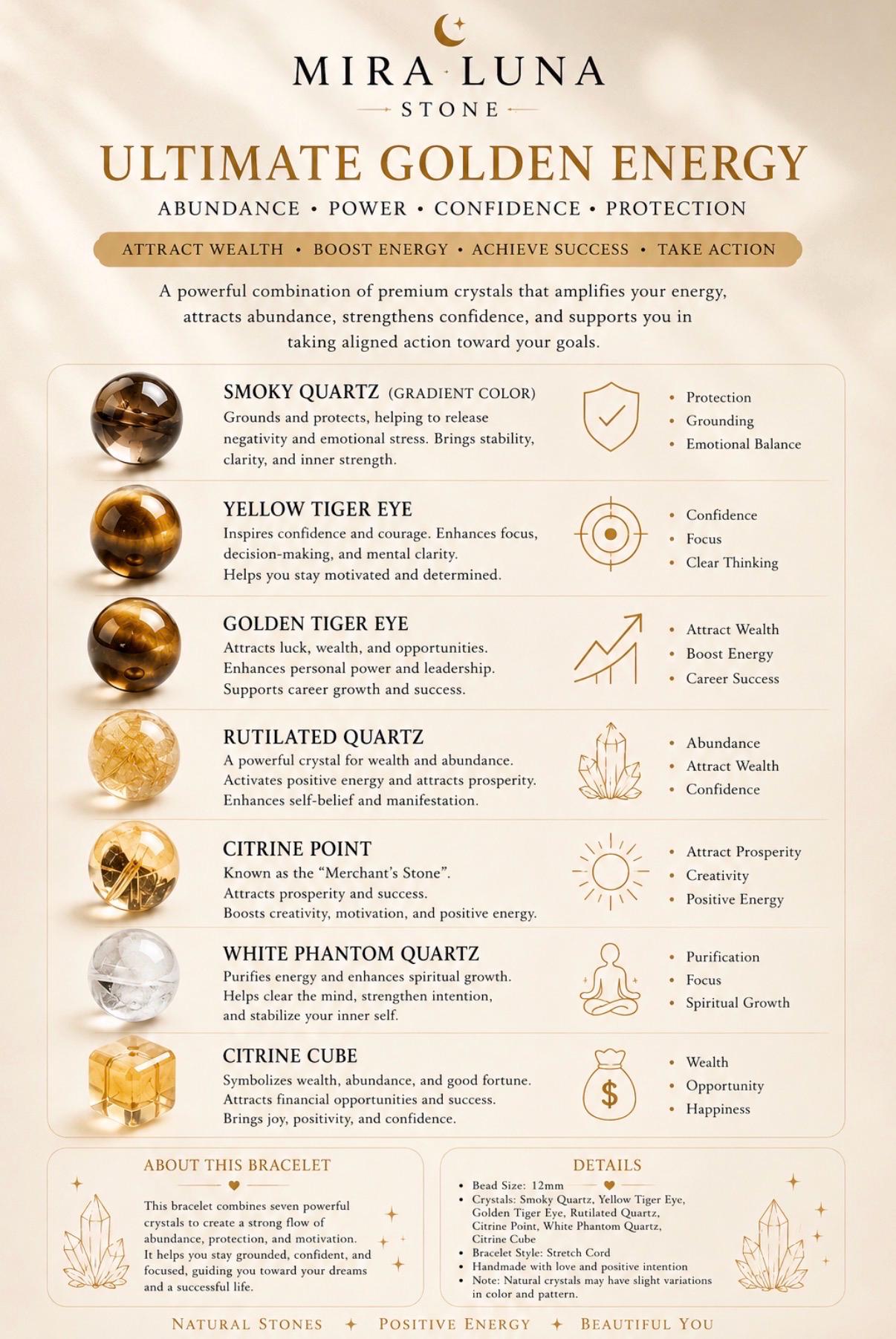 Golden Energy Bracelet | Citrine, Tiger Eye, Smoky Quartz, Rutilated, White Phantom