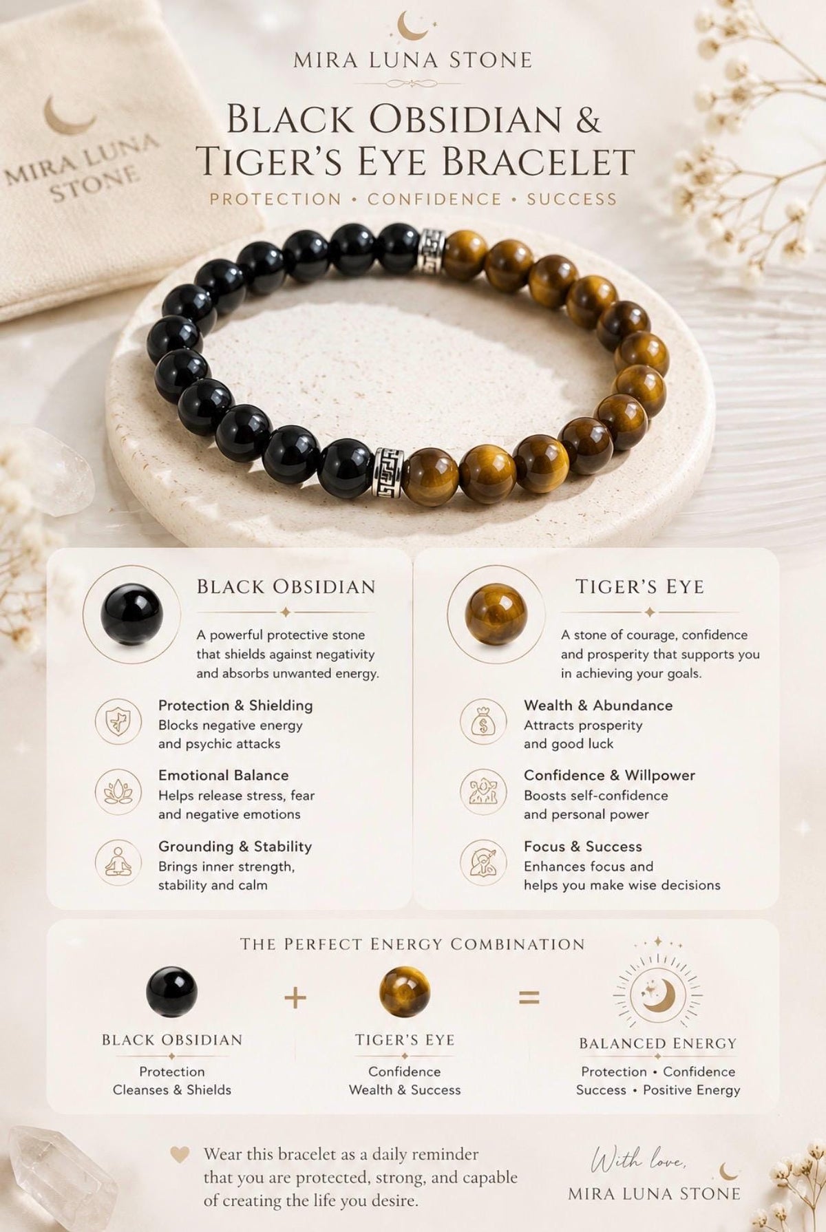 Protection Crystal Bracelet | Black Obsidian Tiger Eye Bracelet | Confidence Success Gift for Him