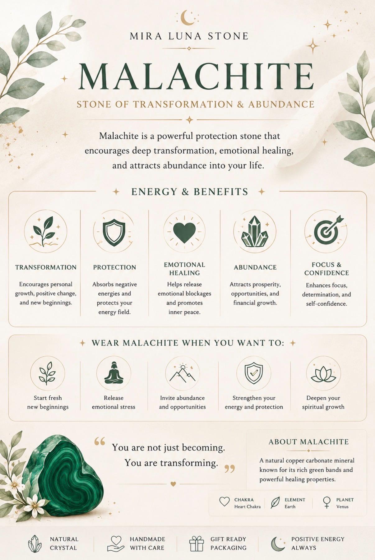 Protection Crystal Bracelet | Malachite Jewelry | Abundance Growth Positive Energy
