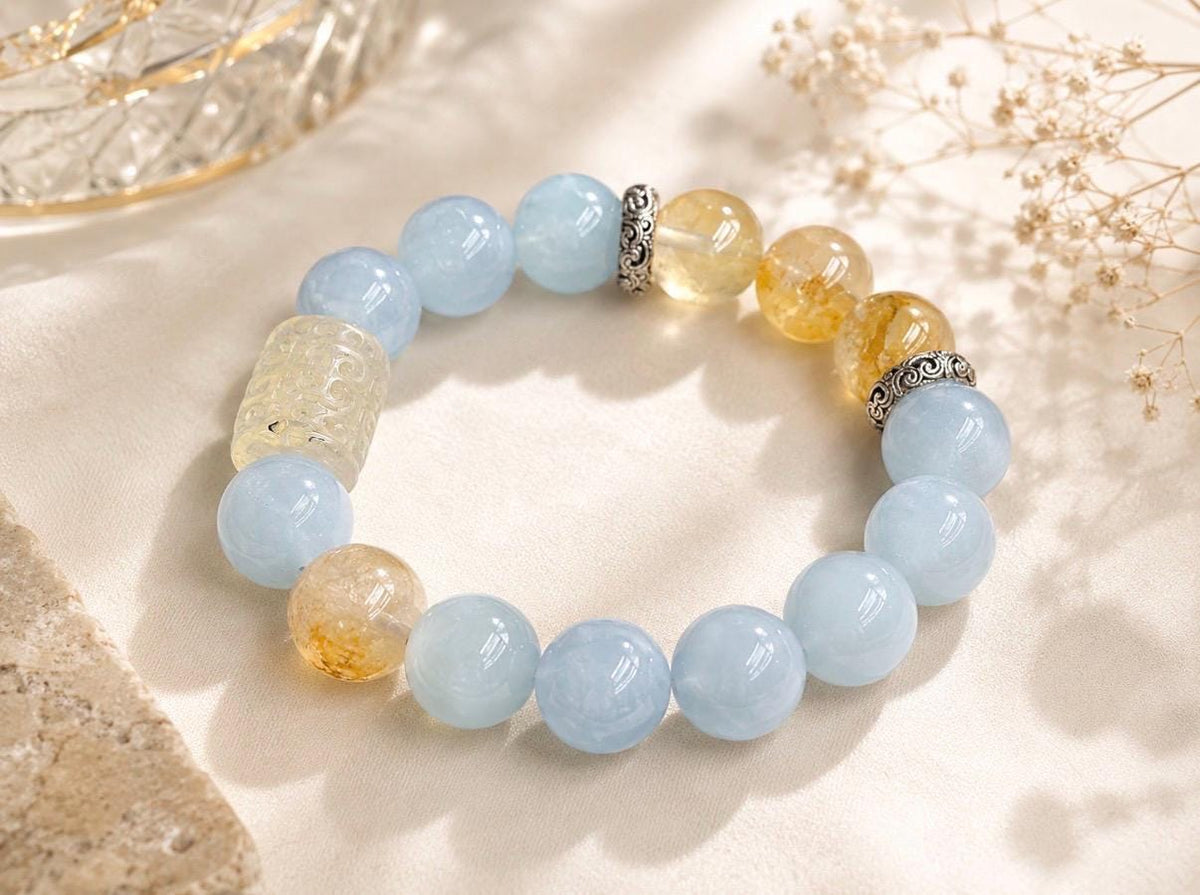 Healing Crystal Bracelet | Calm Energy & Stress Relief | Aquamarine Citrine Jewelry Gift Women