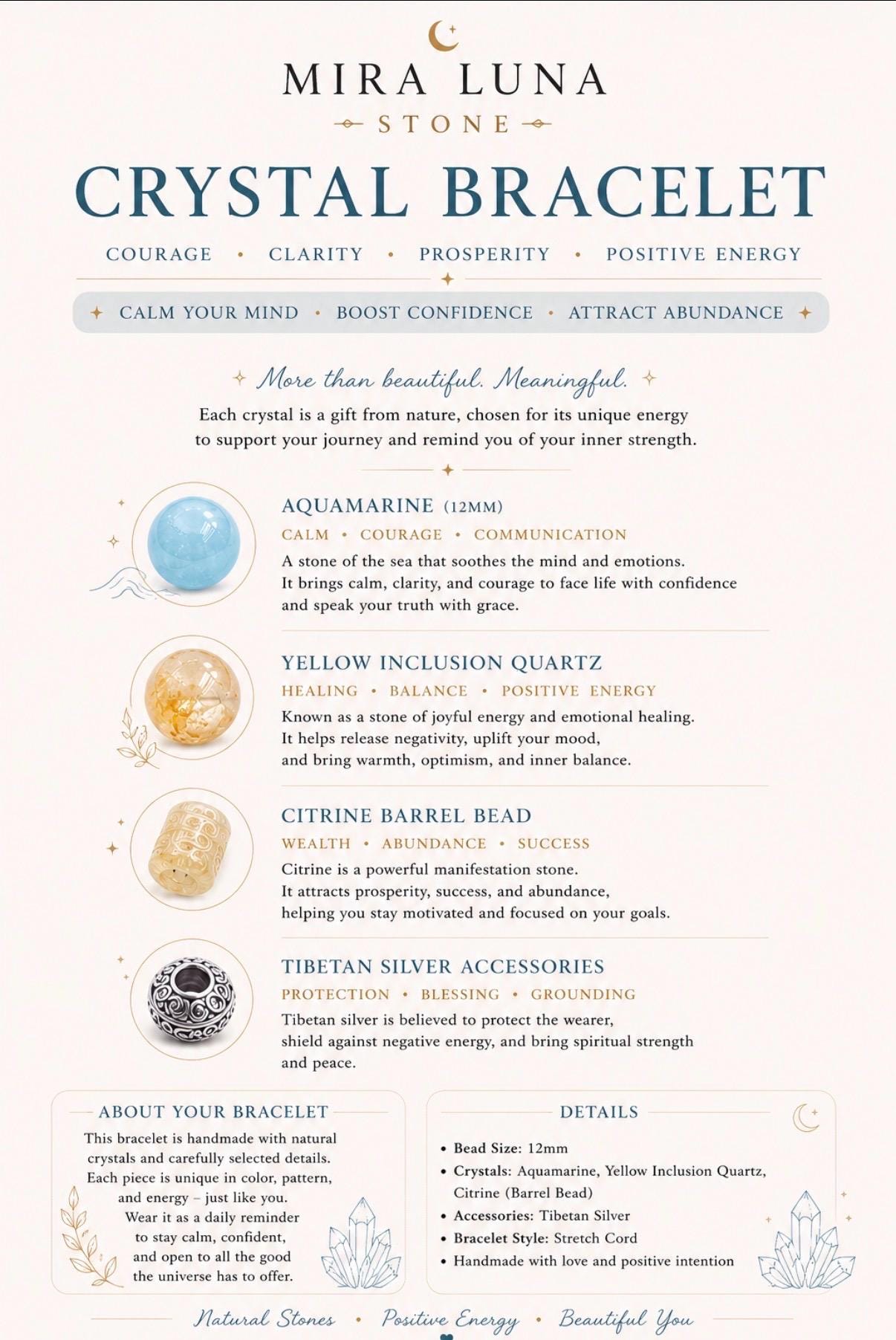 Healing Crystal Bracelet | Calm Energy & Stress Relief | Aquamarine Citrine Jewelry Gift Women