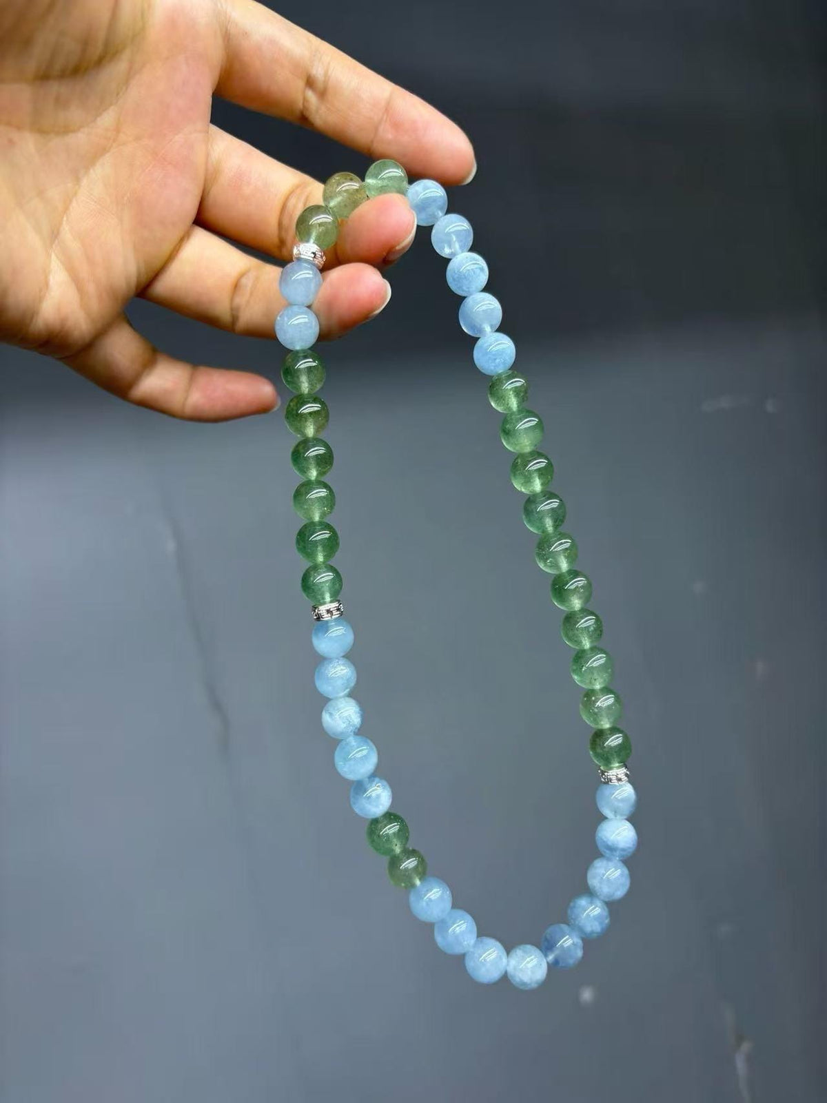 Aquamarine Bracelet | Calm Mind & Communication Crystal | Green Strawberry Quartz Healing Gift