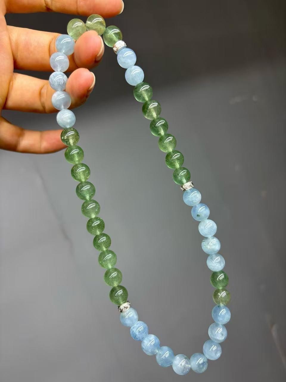 Aquamarine Bracelet | Calm Mind & Communication Crystal | Green Strawberry Quartz Healing Gift