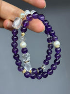 Amethyst Crystal Bracelet | Pearl & Clear Quartz Healing Jewelry | Stress Relief Gift for Her