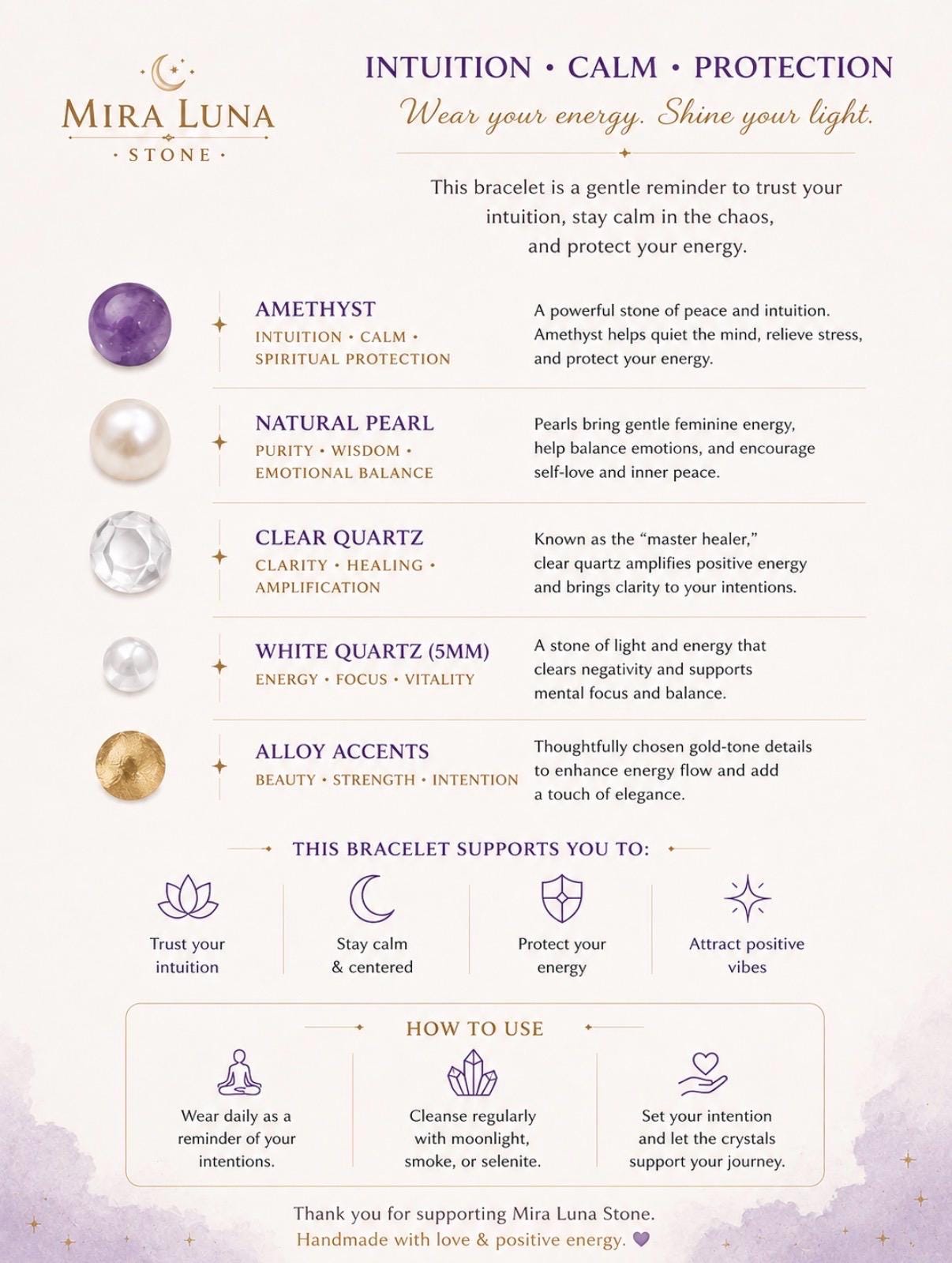 Amethyst Crystal Bracelet | Pearl & Clear Quartz Healing Jewelry | Stress Relief Gift for Her
