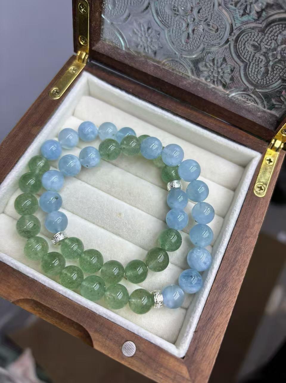Aquamarine Bracelet | Calm Mind & Communication Crystal | Green Strawberry Quartz Healing Gift
