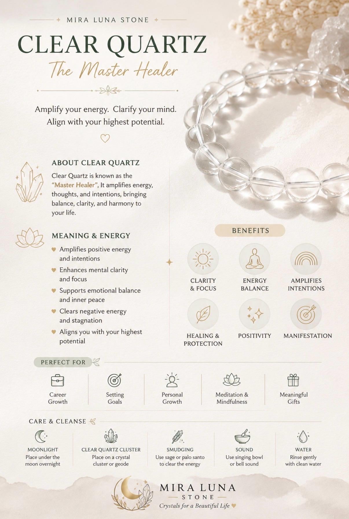 Clear Quartz Bracelet | Clarity & Positive Energy Gift | Natural Healing Crystal Jewelry for Meditation, Mindfulness