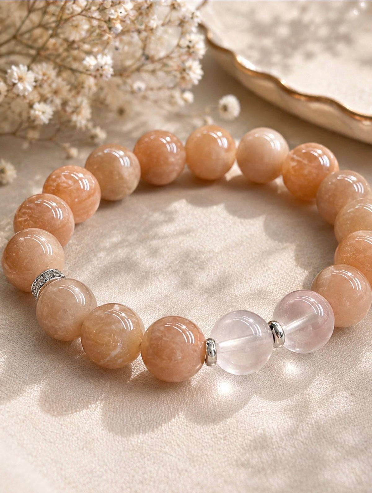 Orange Moonstone Bracelet, White Phantom Quartz, Milky Quartz, Love Protection, Emotional Balance