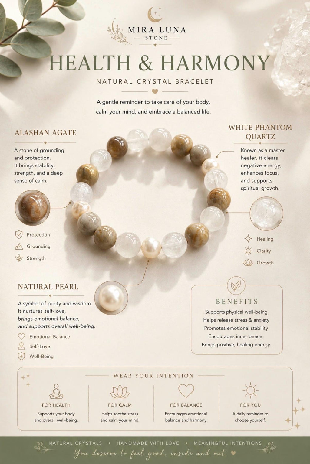 Natural Crystal Bracelet with Alashan Agate, White Phantom Quartz & Pearl | Calming Healing Bracelet