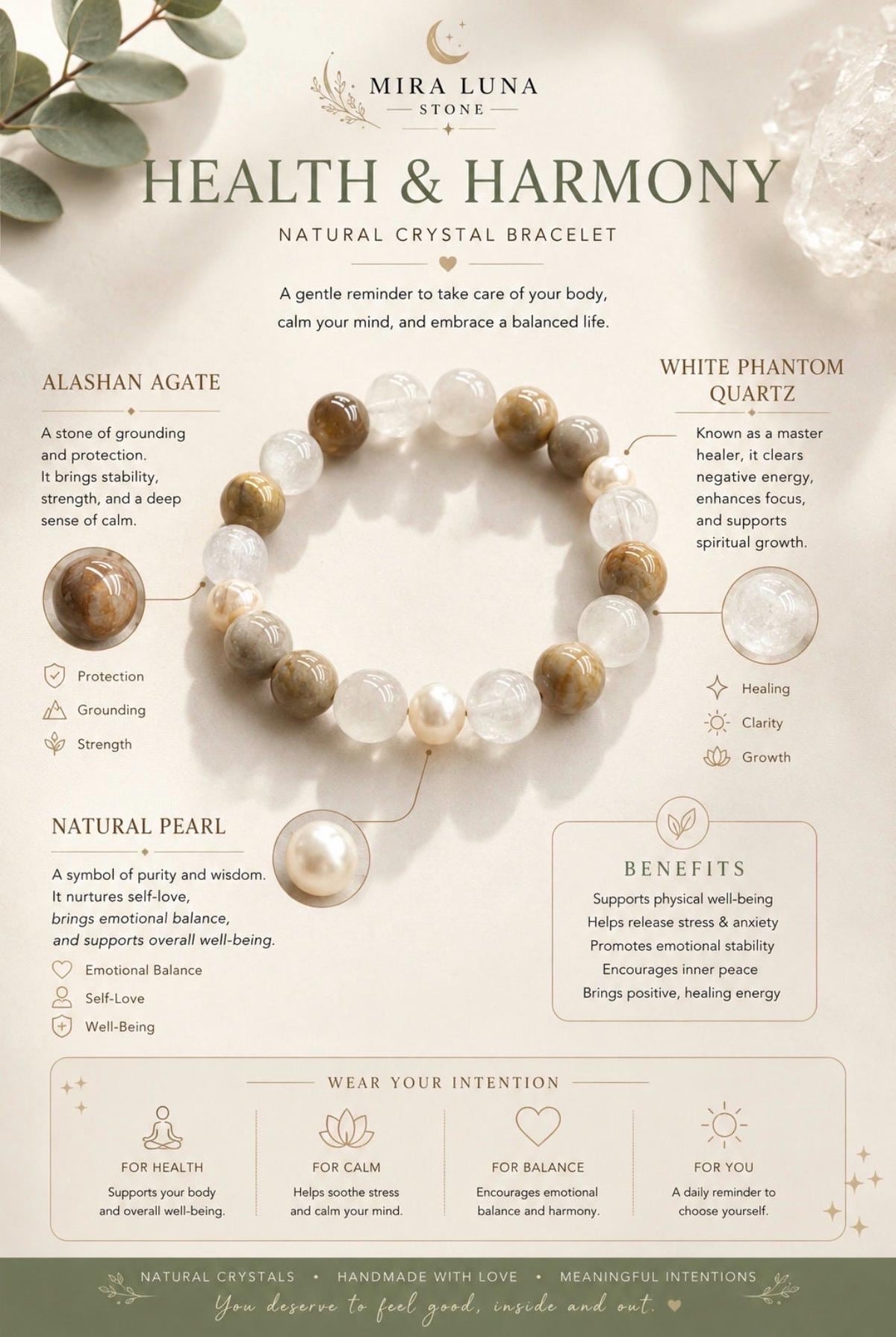 Natural Crystal Bracelet with Alashan Agate, White Phantom Quartz & Pearl | Calming Healing Bracelet