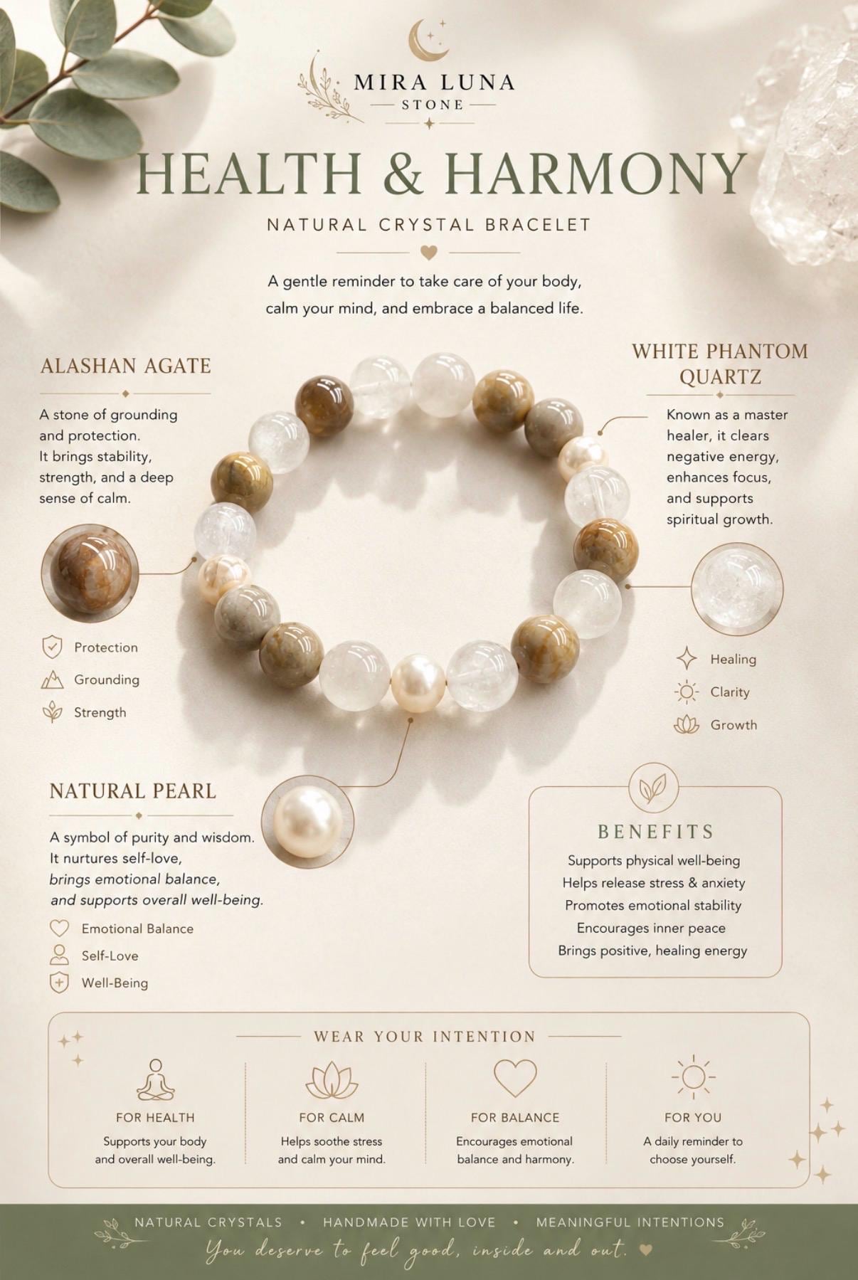 Natural Crystal Bracelet with Alashan Agate, White Phantom Quartz & Pearl | Calming Healing Bracelet