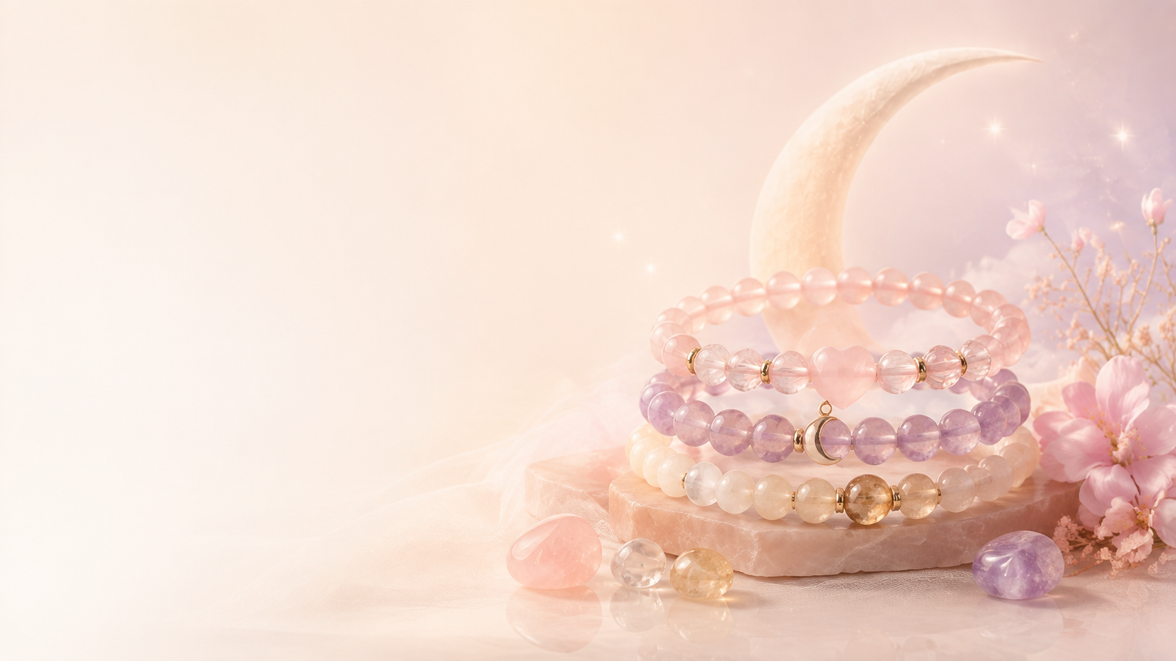 Pastel crystal bracelets with a crescent moon and flowers